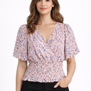 Nine Britton Peach Surplice Smocked Crop Blouse Womens Medium Short Sleeve Top